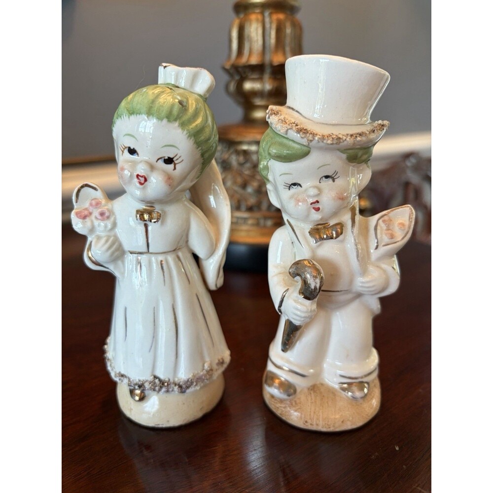 Vintage Bride & Groom Salt Pepper Shakers Set Spaghetti Boy and Girl
